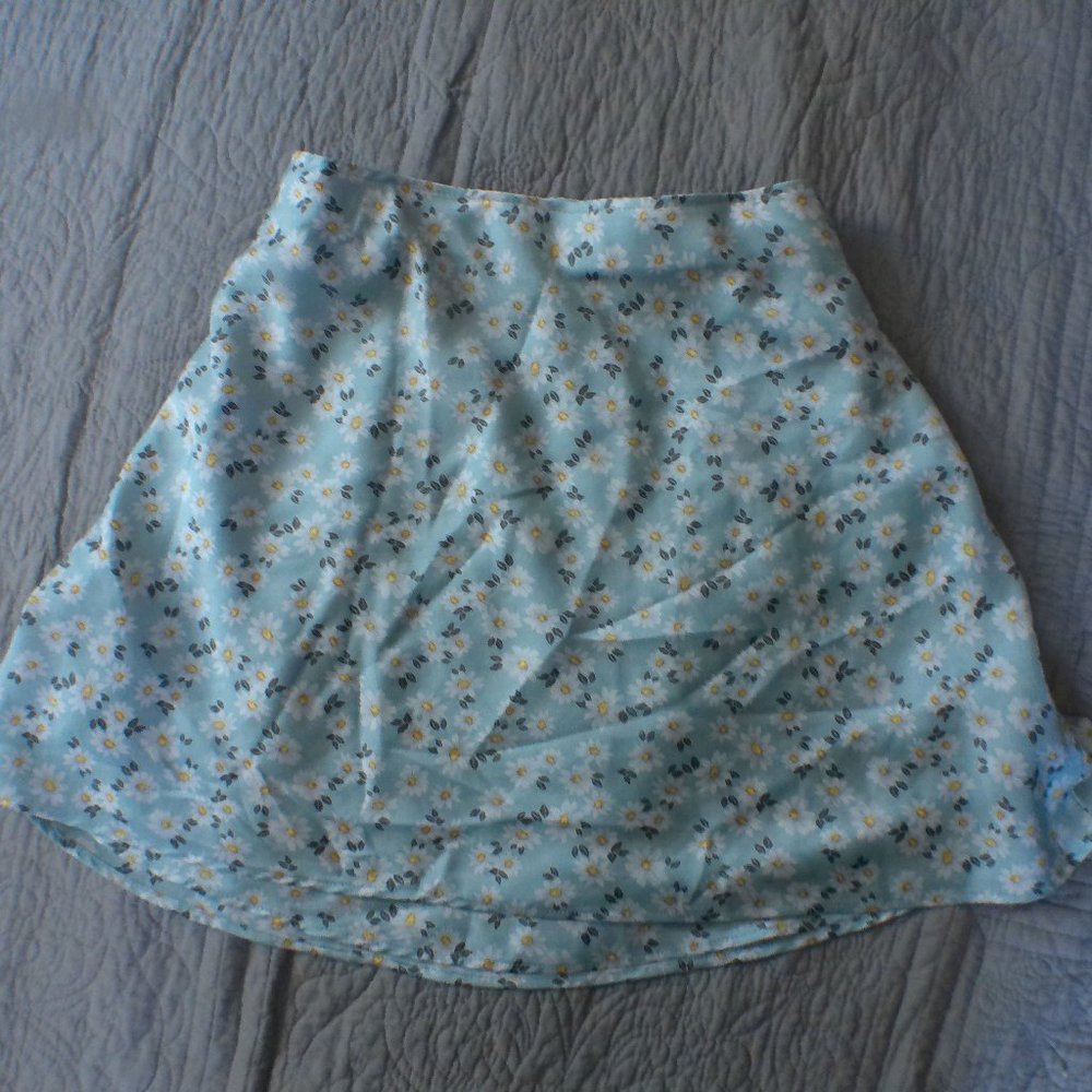 Light Blue Daisy Print Satin Mini Skirt